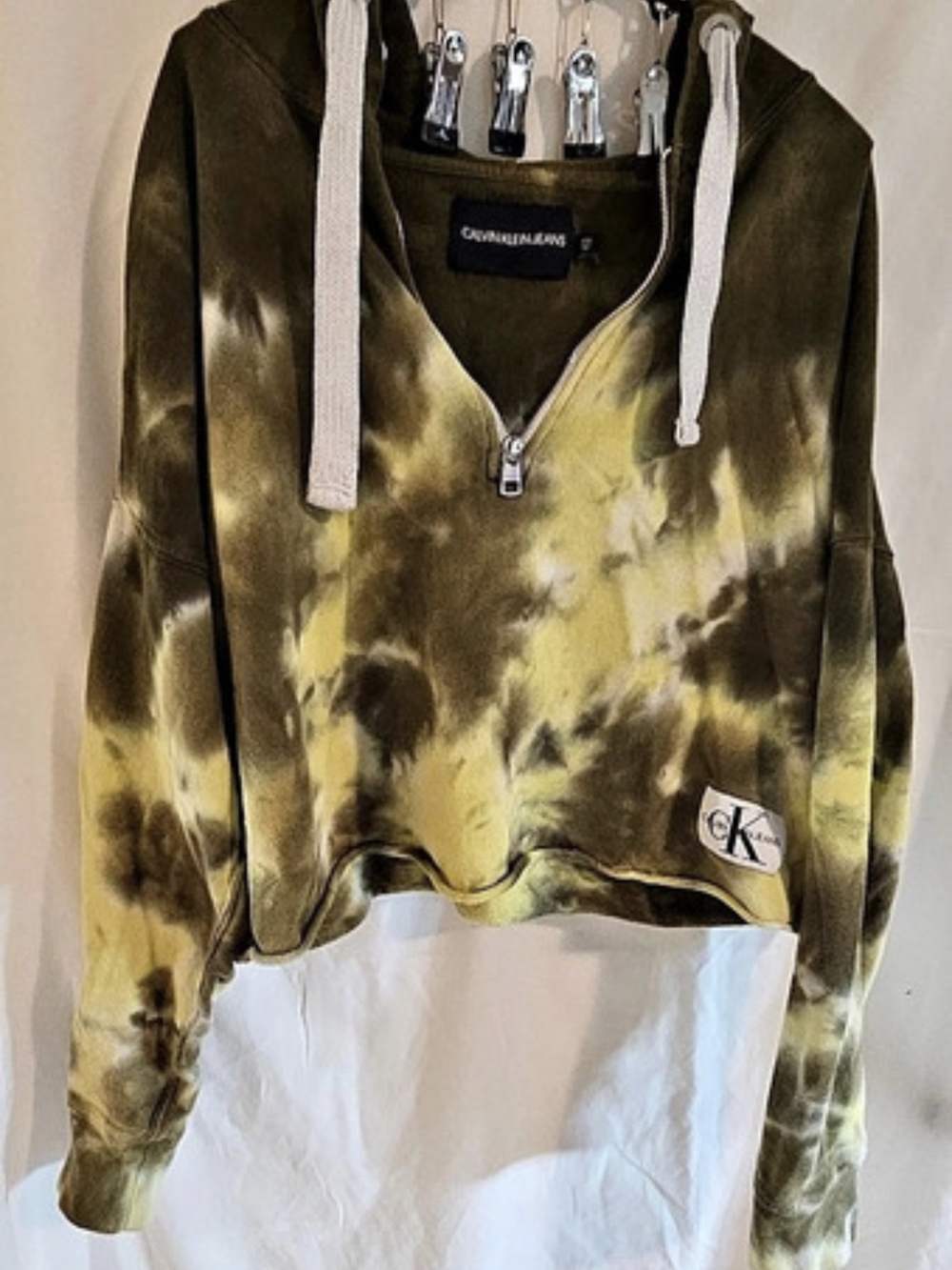Calvin Klein Jeans Tie Dye Cropped Half-Zip Hoodie Green & Yellow Small
